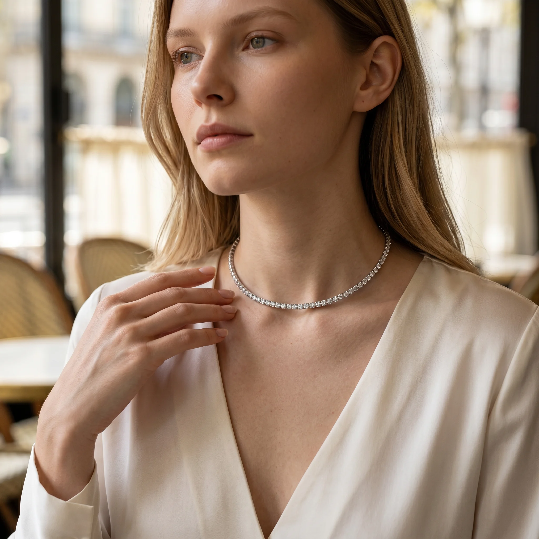 Colier tip Choker Tennis Riviera Silver Model Lifestyle