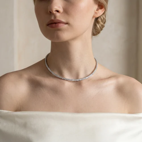 Colier tip Choker Tennis Riviera Silver Model Closeup