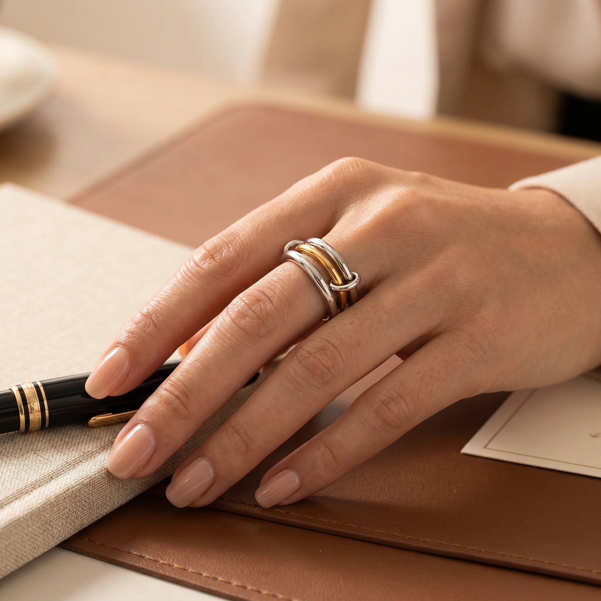 Inel Trinity Link Gold & Silver - model in library wearing ring