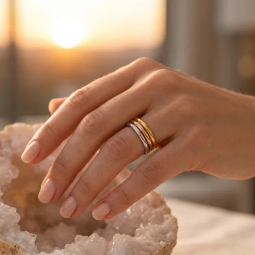 Inel Trio Glow , Rose & rose, auriu, argintiu, purtat de model in fotografie lifestyle