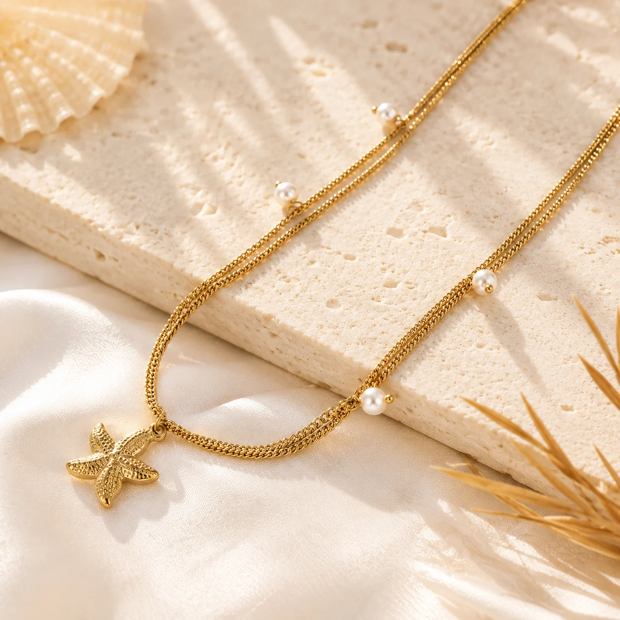 Lant de talie auriu cu stea de mare si perle Stella Marina Gold Closeup