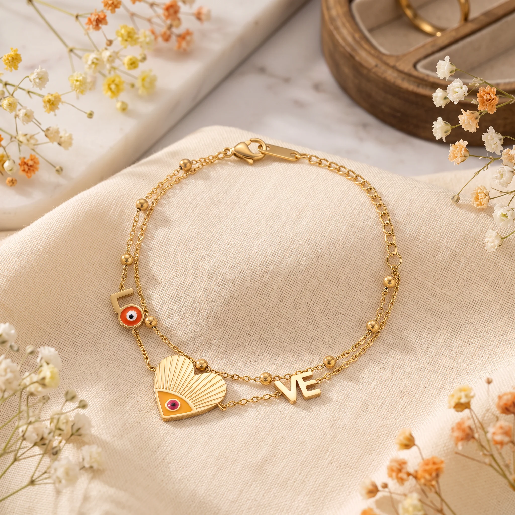 Bratara Amore Eye auriu 14k cu inima, vedere suplimentara