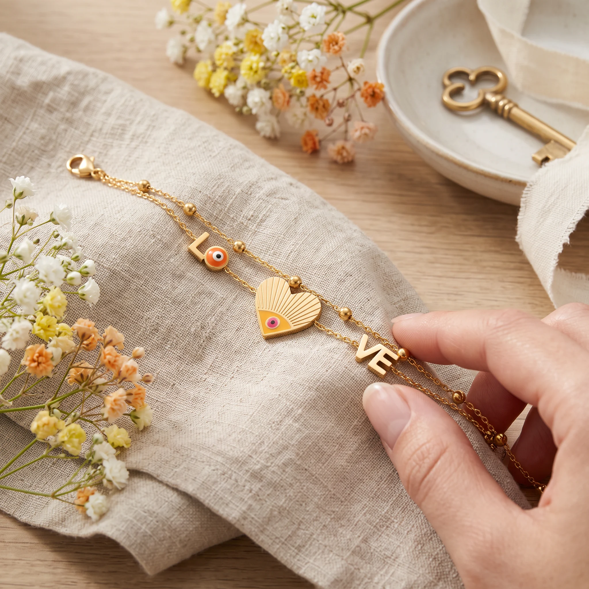 Bratara Amore Eye auriu 14k cu inima, vedere suplimentara