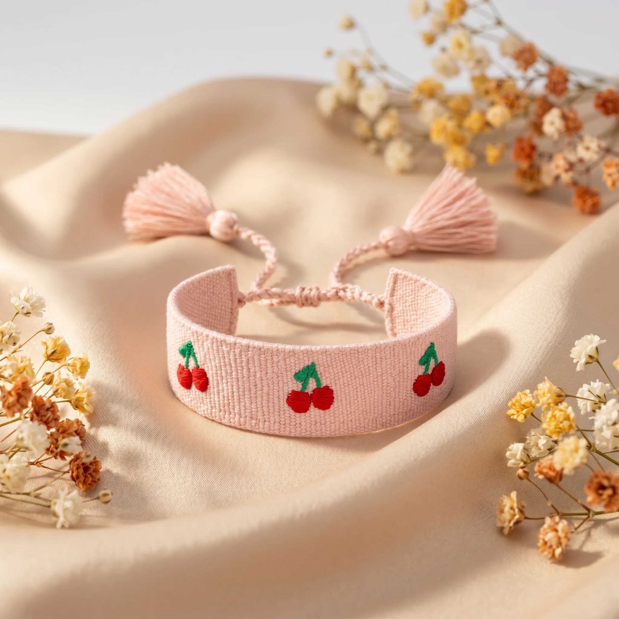 Bratara textila Cherry Bloom Pink cu cirese si flori, vedere suplimentara